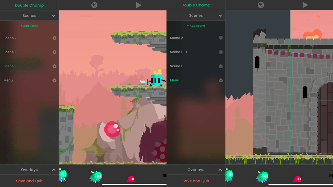 Official hyperPad visual scene builder showing a game world